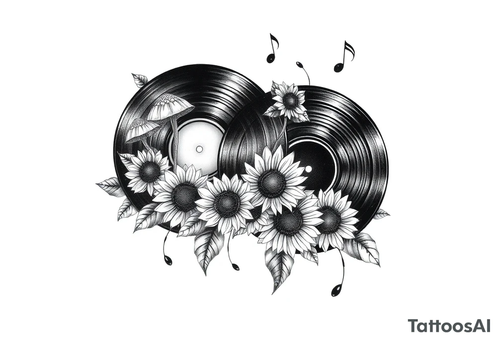 two overlapping vinyl records with mushrooms, sunflowers, and music notes tattoo idea