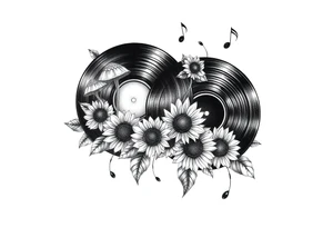 two overlapping vinyl records with mushrooms, sunflowers, and music notes tattoo idea