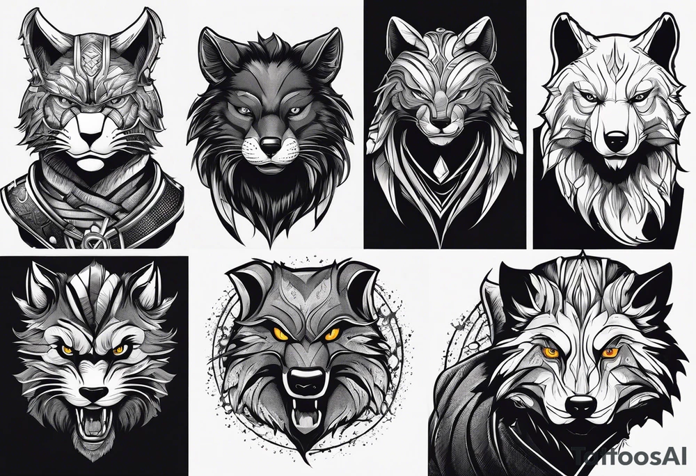 a super hero team which is combination of animals.
One is Badger/Wolverine One is Bull One is Wolf One is Axolotl One is Canary One is Lizard One is Cat tattoo idea