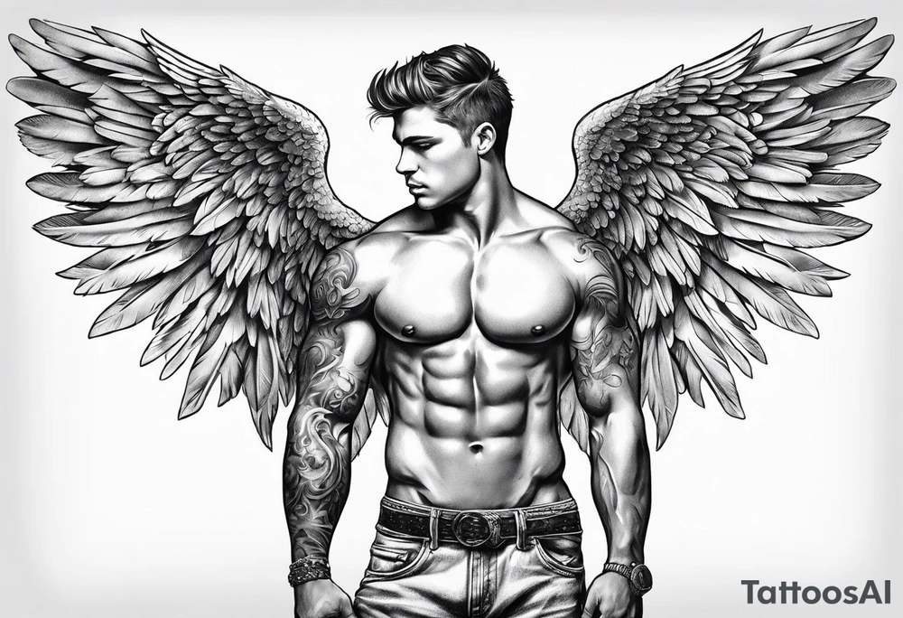 Male Angel pulling arm back tattoo idea