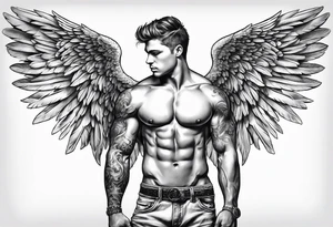Male Angel pulling arm back tattoo idea