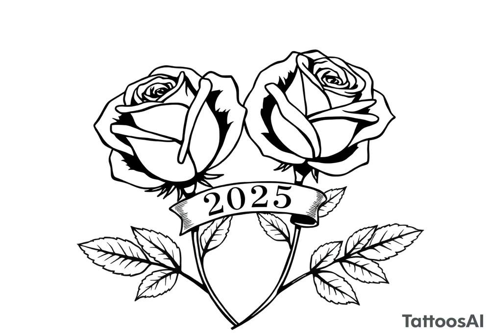two beautiful large rose buds, one larger than the other, with many leaves next to the rose buds, with one sitting higher than the other. Include a banner connecting the two roses with the year "2025" on it.   Use dark outlines with little shading. The two stems should be short, not long, and connect and join into one stem, whimsically curved or twisted - not straight down. tattoo idea