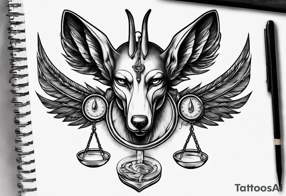 heart and feather on scales anubis weighing of the souls tattoo idea