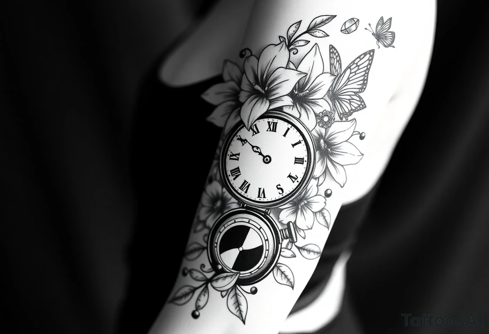 Casino only theme , poker chips deck of cards dice a pocket watch
 with lily flowers
 with raindrop swirls and butterfly’s tattoo idea
