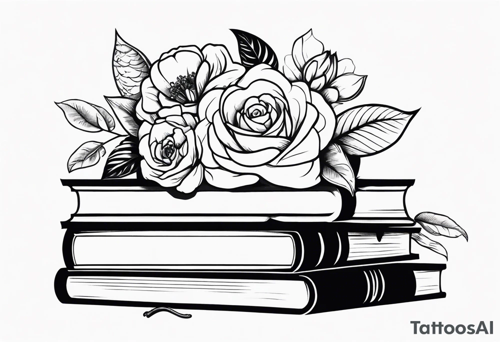feminine tattoo of stacked books and flowers with a snake and skull tattoo idea
