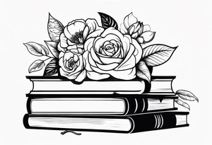 feminine tattoo of stacked books and flowers with a snake and skull tattoo idea