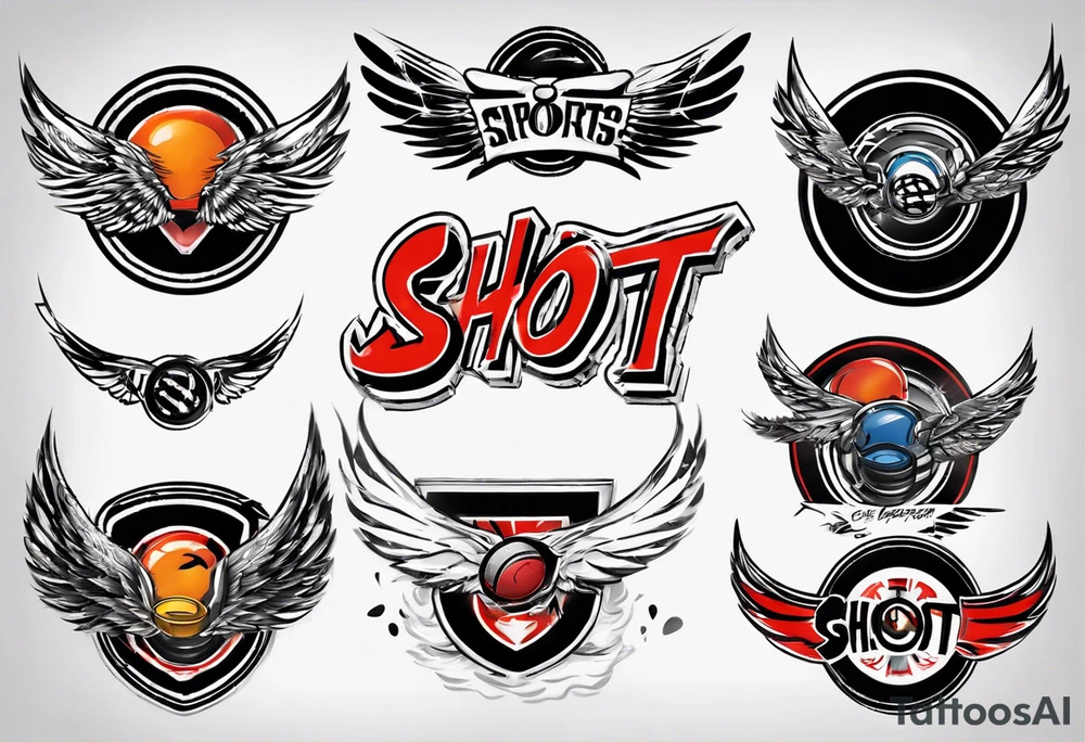 hockey puck with wings that says "SHOT SPORTS" tattoo idea