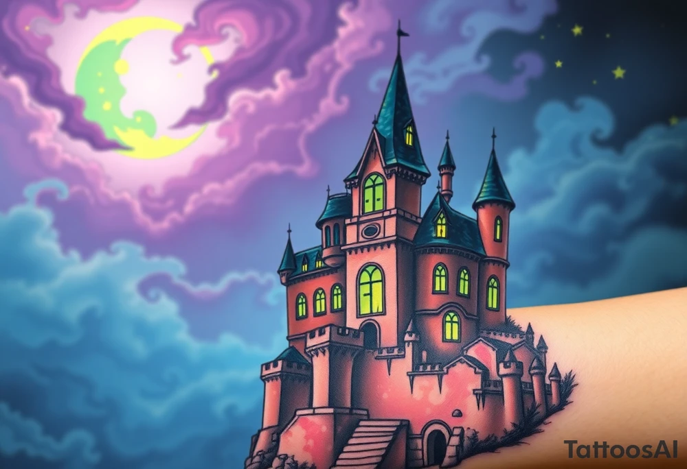 Tim Burton’s disney sleeping beauty’s haunted castle is abandoned and dripping with muted reds, dusty pinks, and eerie green glow.purple and cyan smokey clouds swirl in the crescent moonlit sky thats sprinkled with stars tattoo idea tattoo idea