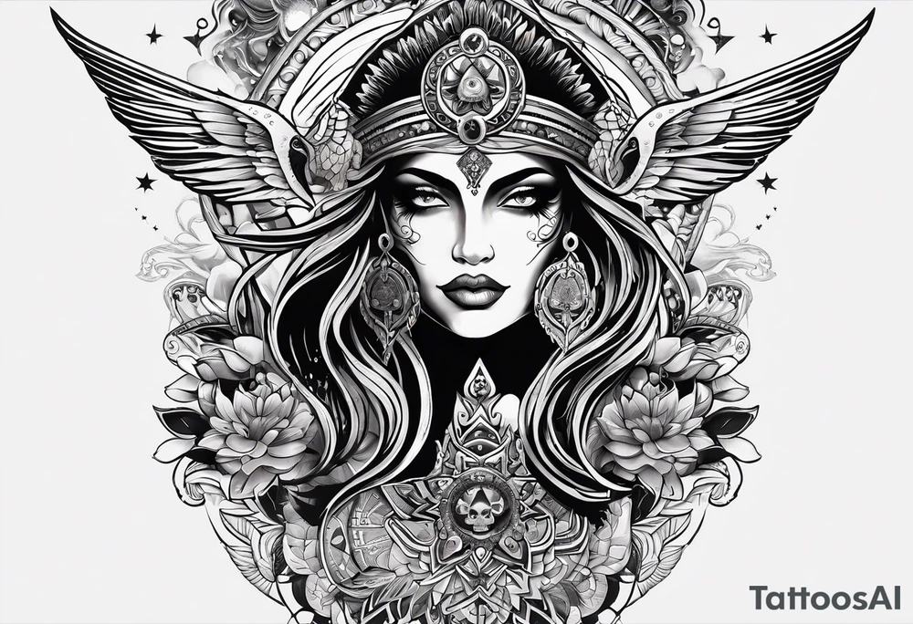 black kali, goddess pirate, alien, angel, pachamama, valkrye, warrior, flying, skull, lotus azul, wing, eagle, zenza resonance, stars, 5D, anahata chakra tattoo idea