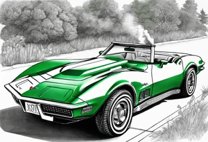 Skeleton smoking a cigarette driving a green 1976 convertible Corvette tattoo idea