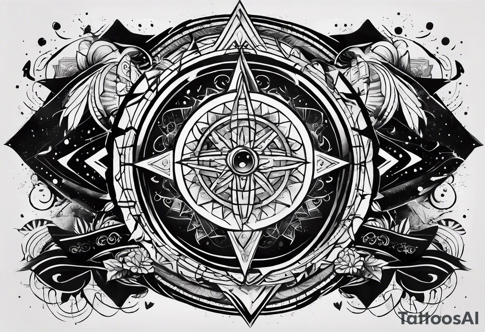 I want a mysterious enigmatic tattoo, with mysterious symbols and phrases, with the meaning of curiosity about conspiracy theories, the future, and the past, something that completes the upper part of the arm that is between the middle of the arm and the shoulder tattoo idea