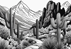 Man and woman hiking in mountains and cactus tattoo idea