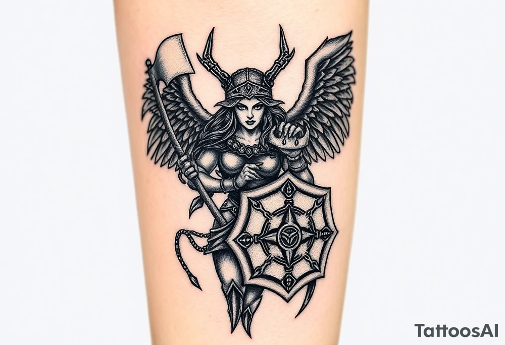 A fierce looking Valkyrie with very big dark wings. The whole body should be visible. 
She's wielding a menacing axe and a sturdy shield with a vegvisir symbol. 

Her face is really attractive but screaming with battle rage.

She's heavily armored and ready for battle tattoo idea