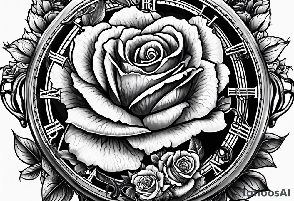 Pocket watch with chain and roses tattoo idea