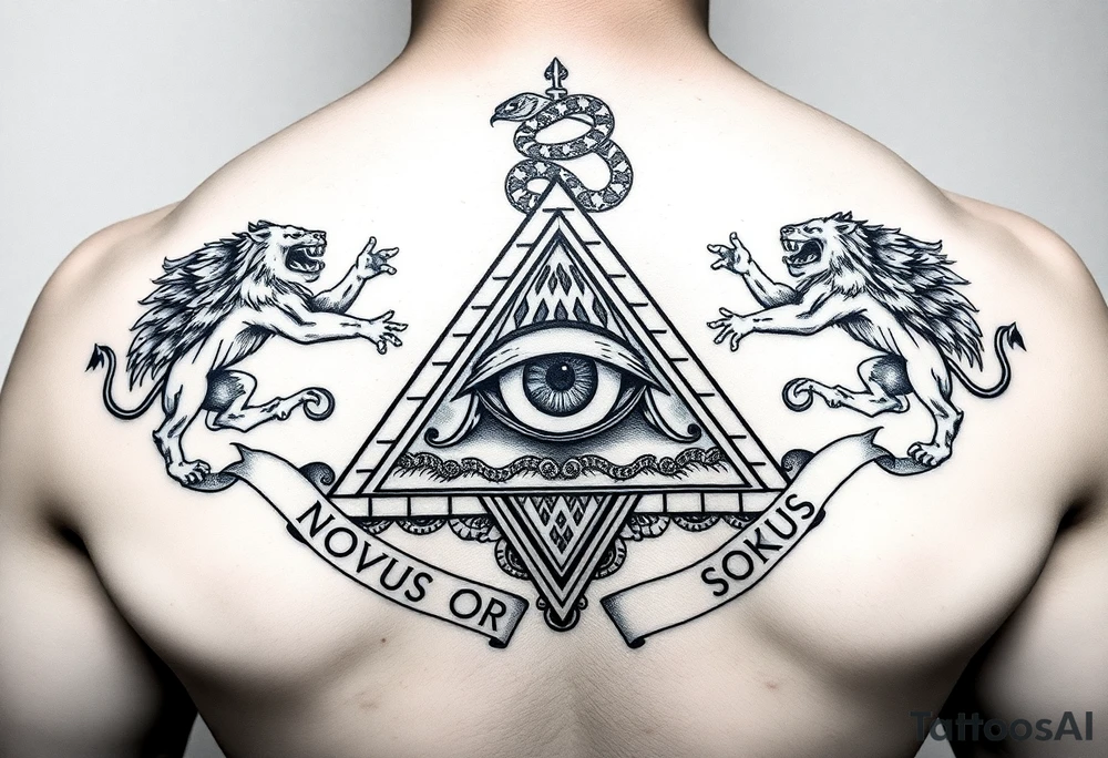 Pyramid with eye in the center, diamond with snake on the top,lions on corners,surrounded by words - novus ordum seclorum tattoo idea