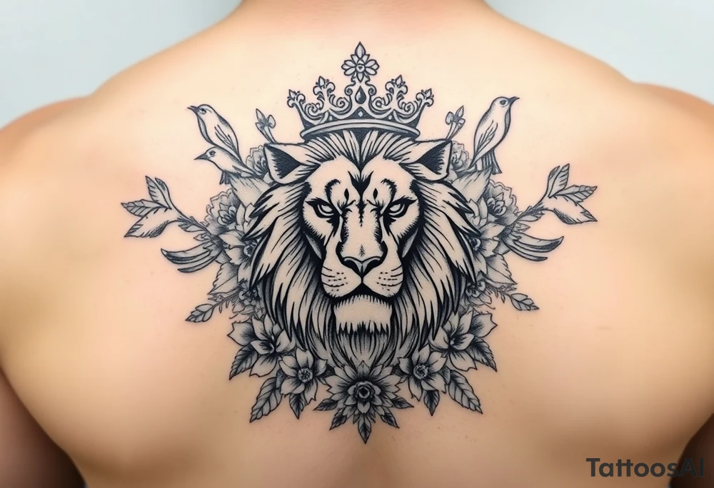powerful majestic lion with a crown, surrounded by floral ornaments and birds tattoo idea