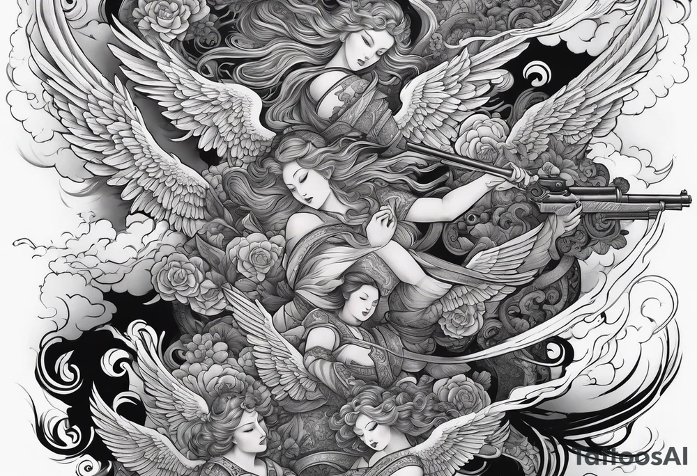 Arm sleeve with Angels with guns fighting demons below tattoo idea Arm sleeve with Angels with guns fighting demons below tattoo idea