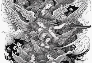 Arm sleeve with Angels with guns fighting demons below tattoo idea