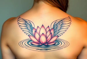 serene lotus flower emerging from sacred waters with ripples beautiful angel wing with word "Warrior" tattoo idea