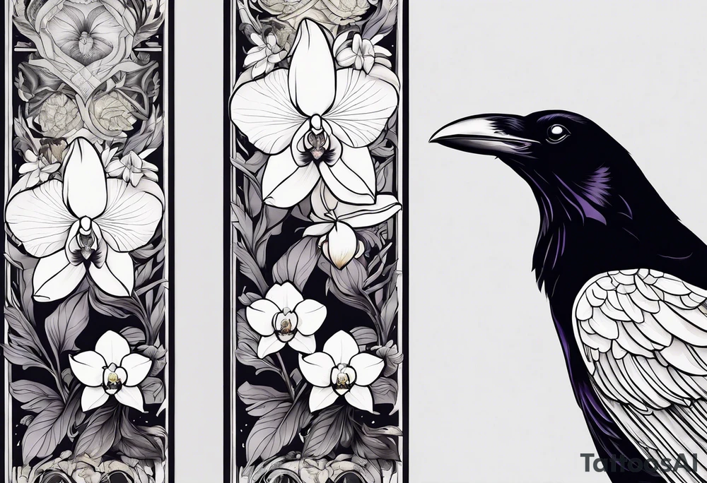 A sleeve with a a Raven A white orchid 1990 and something showing change with the Raven tattoo idea