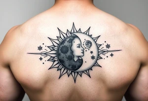 celestial sun and moon embrace with constellation patterns tattoo idea
