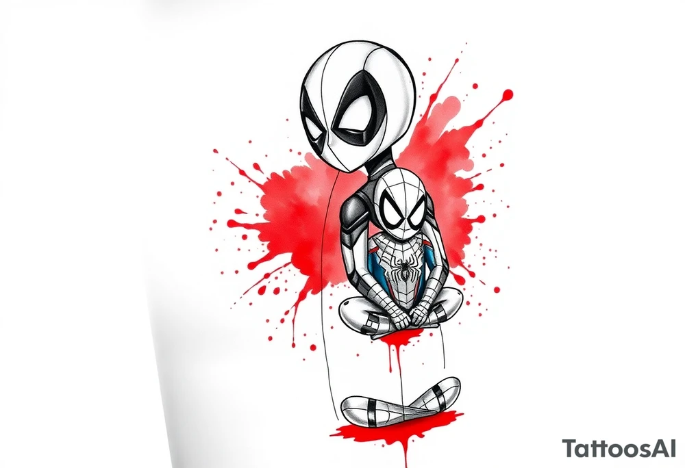 A vertical stacked tattoo design for a half-sleeve on a white background. At the top is a chibi Deadpool character in a bold ink sketch style. At the bottom is a chibi Spider-Man character sitting cross-legged in a loose pencil sketchbook style. High contrast black and grey shading. The two characters are connected by loose, energetic sketch lines and a thin spiderweb thread hanging between them. Dramatic, stylized splashes of bright, vibrant watercolor red ink splatter bursting out around both characters' suits, bleeding into the negative space. Tattoo flash sheet style, crisp linework. tattoo idea