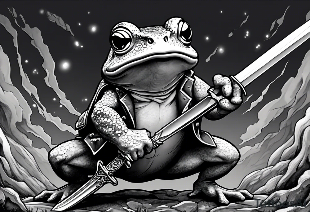 toad with sword; sword s¡is pointing down(sword stuck in the ground) as if the toad was standing; no clothes tattoo idea