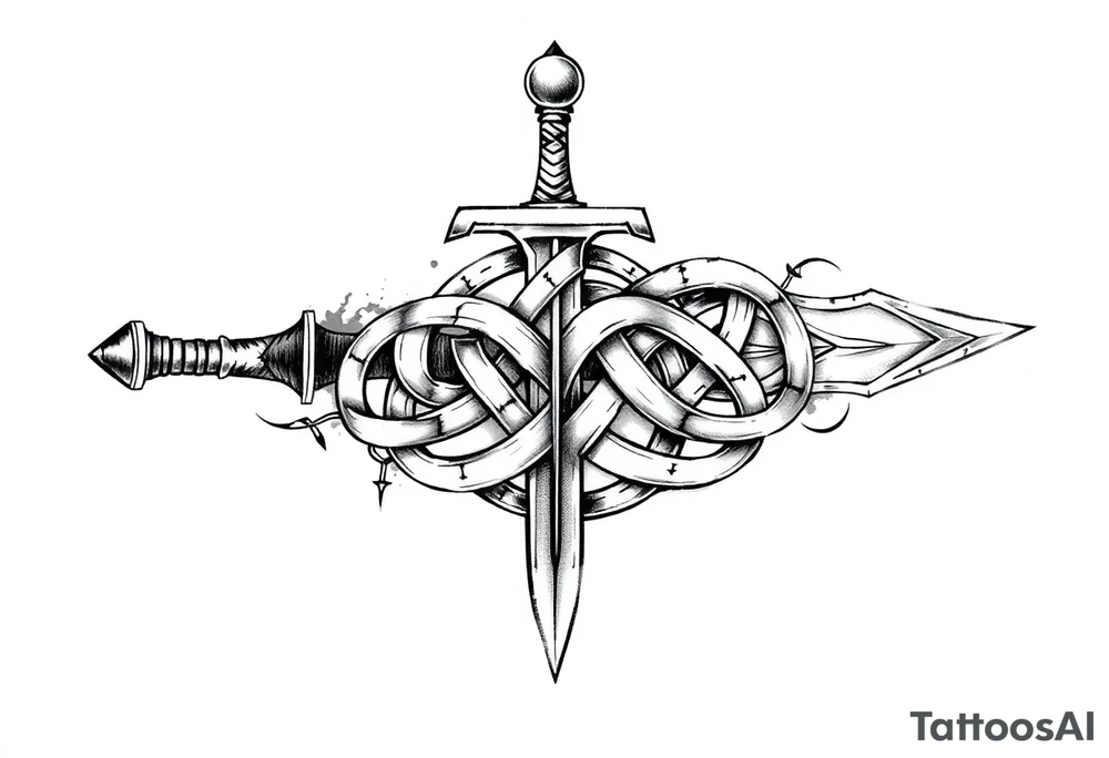 Armband tattoo of a sword with covered in a Celtic knot tattoo idea