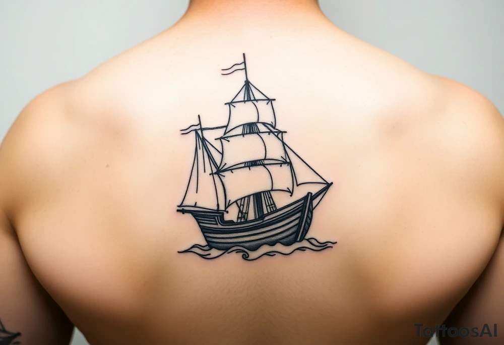 bland and white detailed linework drawing of Spaniard ship sailing for forearm tattoo idea