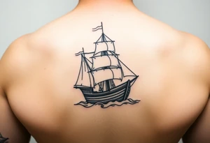 bland and white detailed linework drawing of Spaniard ship sailing for forearm tattoo idea