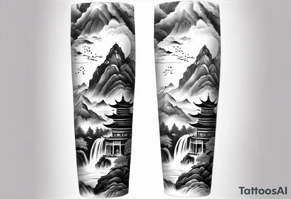 forearm sleeve traditional chinese art painting style mountains mist fog waterfall Chinese temple two figures wearing robes tattoo idea