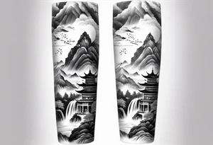 forearm sleeve traditional chinese art painting style mountains mist fog waterfall Chinese temple two figures wearing robes tattoo idea