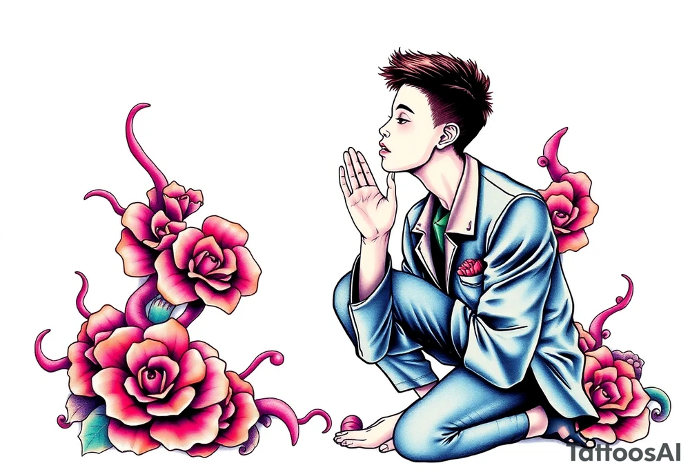Handsome Asian young guy is standing on his knees apologising tattoo idea