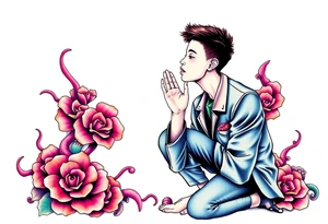Handsome Asian young guy is standing on his knees apologising tattoo idea