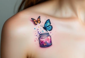 A multicolored butterfly breaking free from a jar symbolizes transformation and personal liberation. tattoo idea