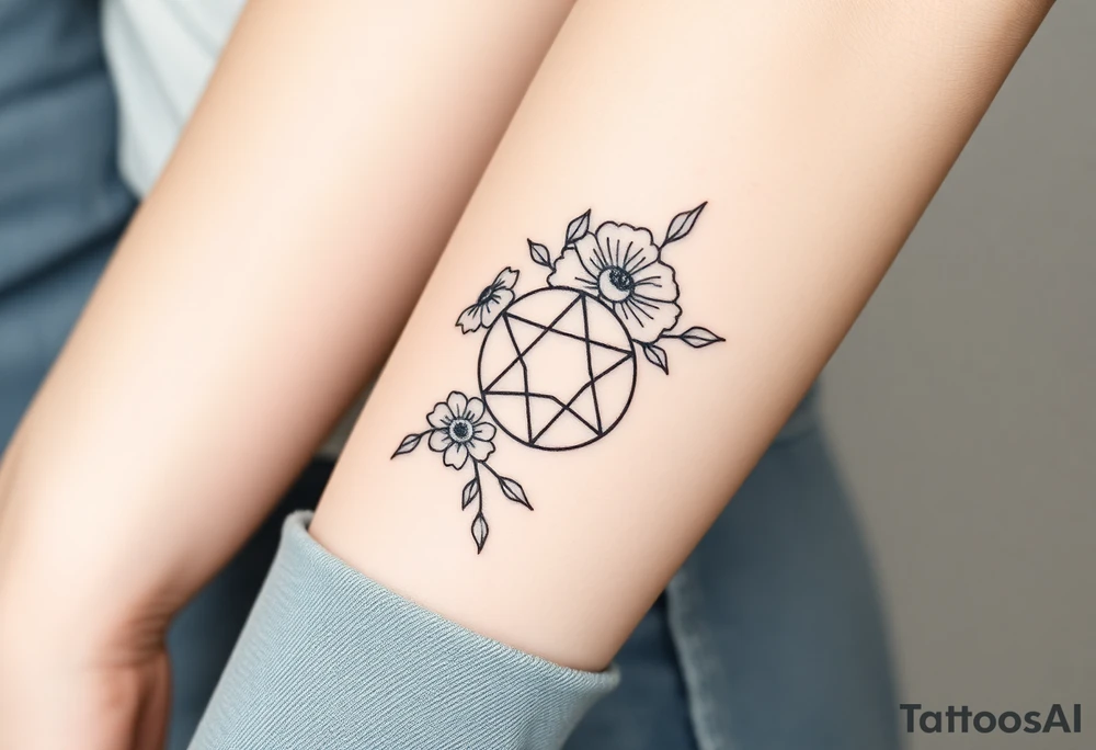 Large fine line florals that cover up an enneagram symbol tattoo idea