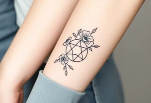 Large fine line florals that cover up an enneagram symbol tattoo idea