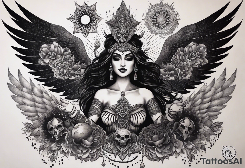 black kali, goddess pirate, alien, angel, pachamama, valkrye, warrior, flying, skull, lotus azul, wing, eagle, zenza resonance, stars, 5D, anahata chakra, death, durga, riding on a tiger, flying lady, chest tatoo tattoo idea