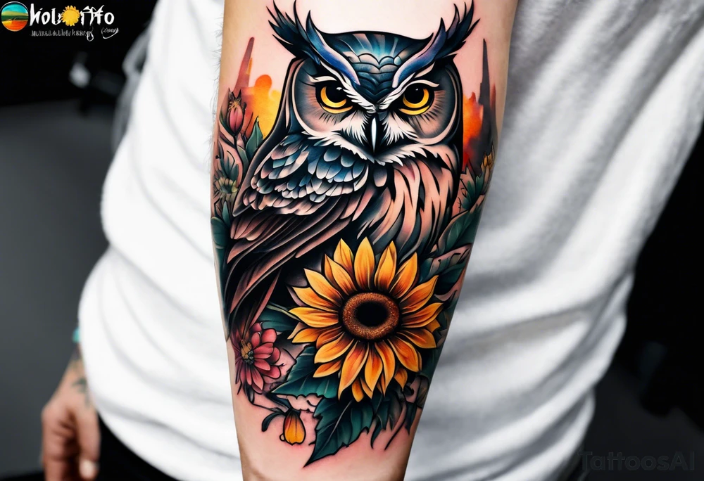 Sleeve with a owl sunflower and butterfly tattoo idea