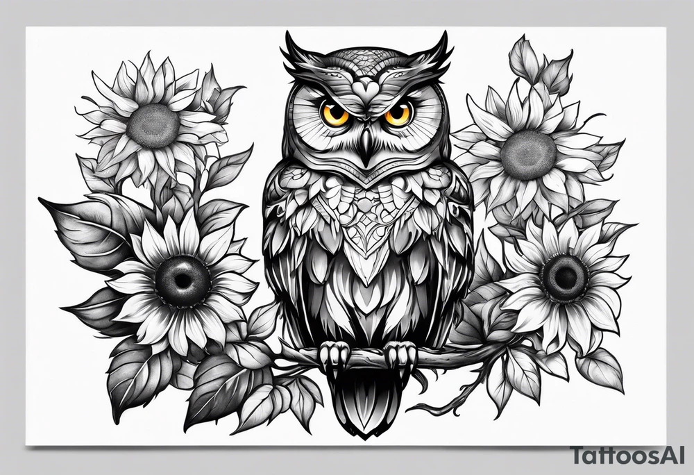 Owl and sunflower sleeve tattoo idea