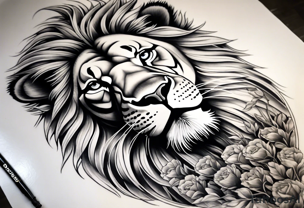 Full sleeve tattoo depicting a large lion with one blind eye with a scar going through the eye, protecting his lioness while they both also protect 6 lion cubs. Background should depict a safari scene tattoo idea