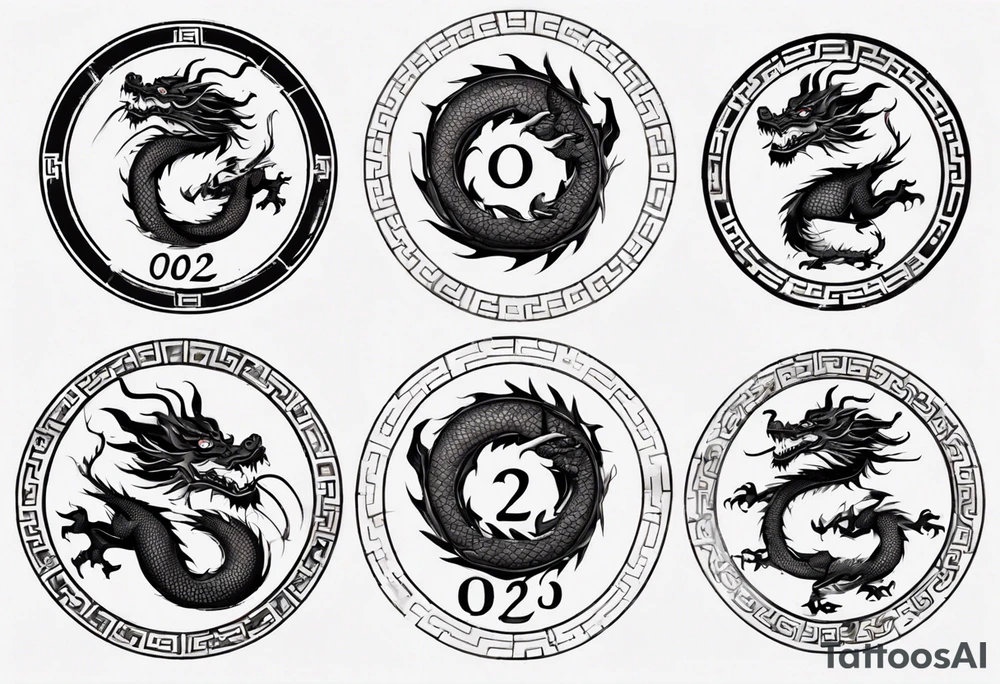 Chinese dragon in a circular shape with "02.03" written on its skin tattoo idea