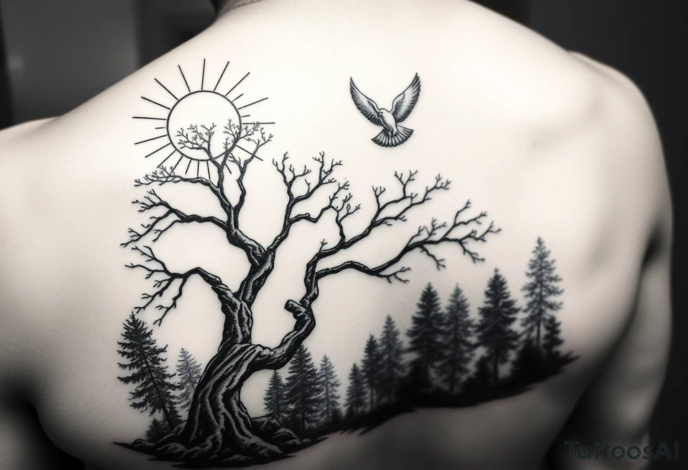 A black and grey realism tattoo design strictly placed on the shoulder. Sun rays radiate from the top of the shoulder, while a serene forest scene is located at the bottom of the shoulder. A prominent poison tree with twisted and gnarled branches is placed in the foreground, symbolizing duality and mystery. A white dove in mid-flight is positioned slightly above or near the tree, symbolizing peace and hope. The design should feature intricate shading, high contrast, and a balance of realism and artistic flair, perfectly fitting the shoulder anatomy." tattoo idea