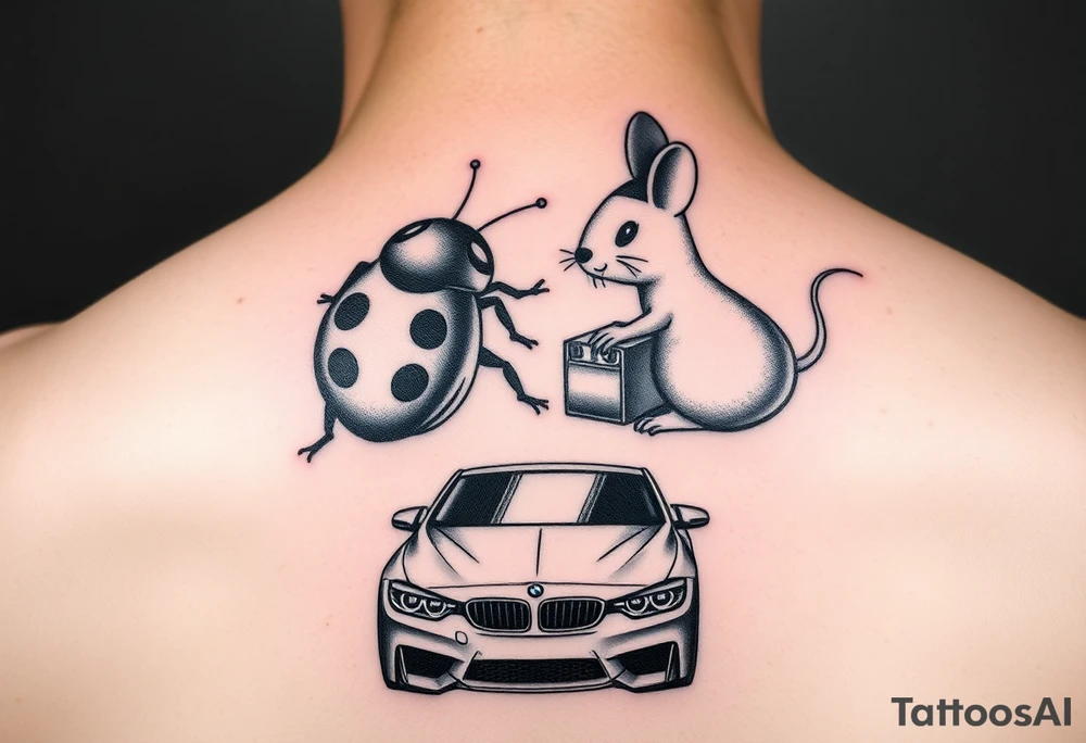 Incorporate lady bug and mouse and cars into two styles for me and my boyfriend. He like low rider cars and i like bmw tattoo idea