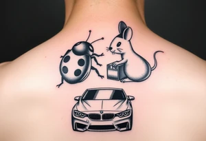 Incorporate lady bug and mouse and cars into two styles for me and my boyfriend. He like low rider cars and i like bmw tattoo idea