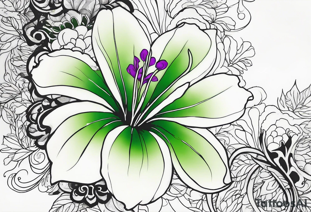 An outline of a green rio dipladenia flower and a green and purple watercolor splash in the background tattoo idea