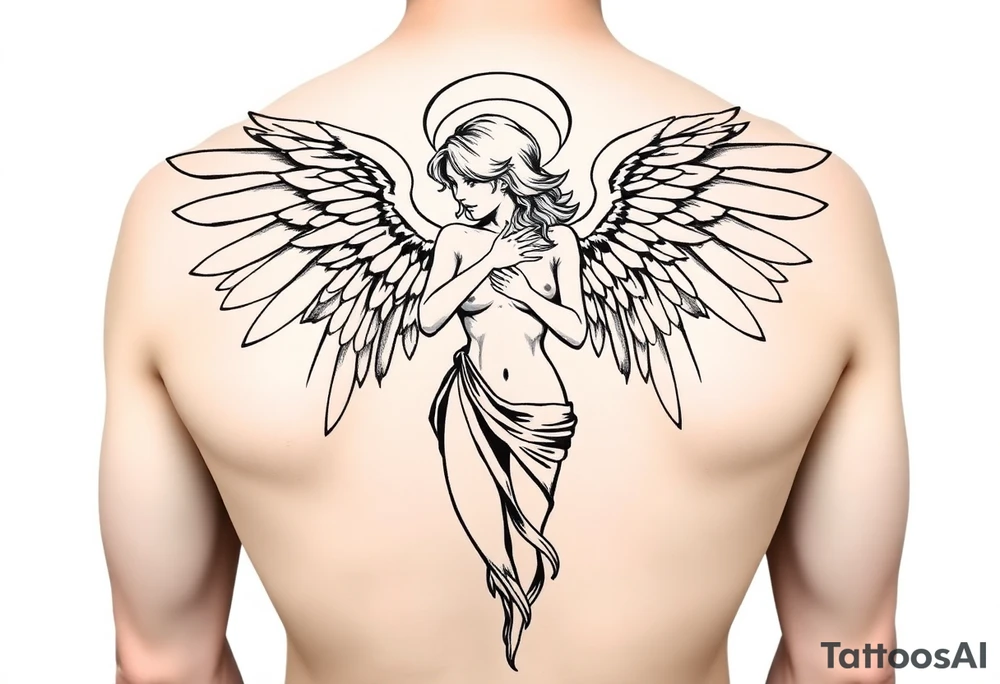 make a tattoo stencil of a female angel full body (toes to head) without clothes please. tattoo idea