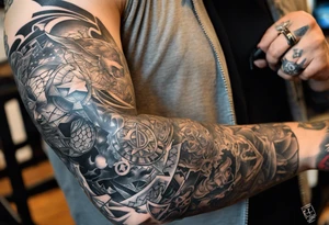 Full arm sleeve tattoo extending from shoulder to wrist featuring an assemble of all the emblems of DC comic heroes and villians tattoo idea
