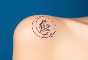 A mother and child sitting on a crescent moon, surrounded by twinkling golden stars on a deep blue background tattoo idea