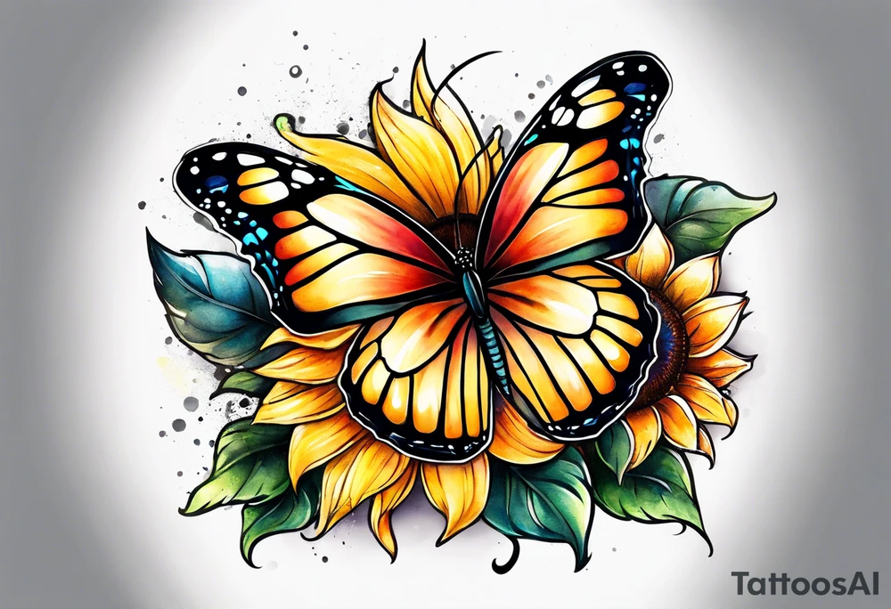 Half sunflower half butterfly tattoo idea